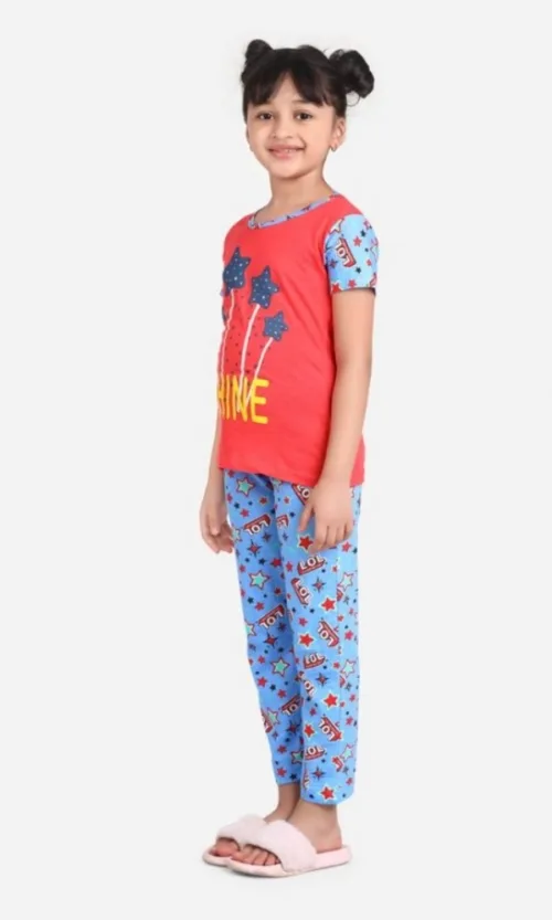Girl's Cotton Hosiery Printed Night Suit Set (Red-Blue)