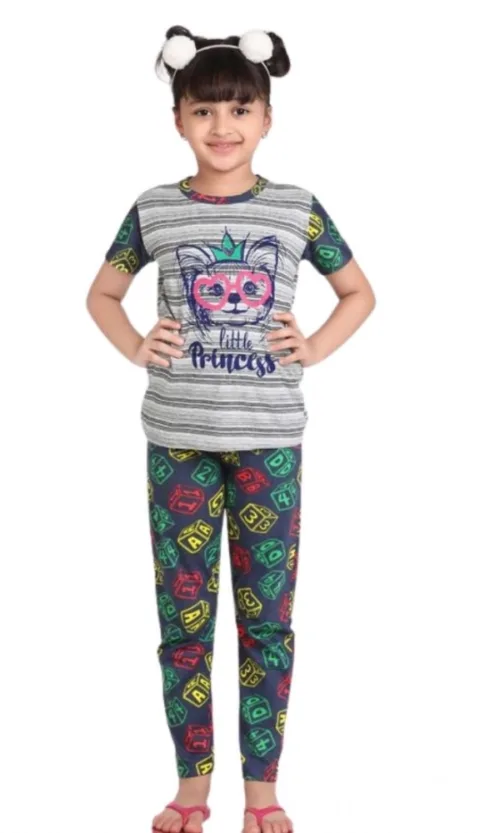 Girl's Cotton Hosiery Printed Night Suit Set (Grey-Green)