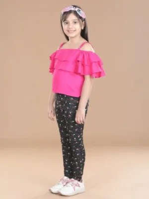 Girl's Cotton Floral Elasticated Jegging and Top Set (Pink)