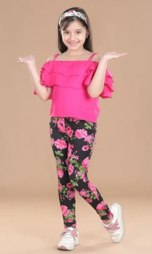 Girl's Cotton Floral Elasticated Jegging and Top Set (Black-Pink)