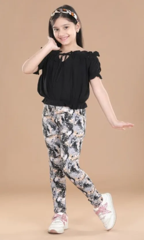 Girl's Cotton Floral Elasticated Jegging and Top Set (Black)