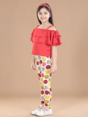 Girl's Cotton Floral Elasticated Jegging and Top Set (Red)
