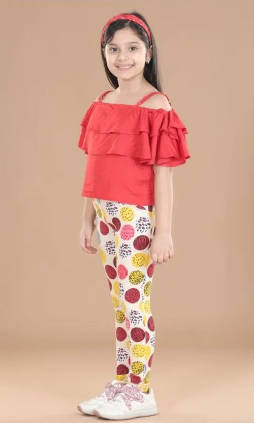 Girl's Cotton Floral Elasticated Jegging and Top Set (Red)