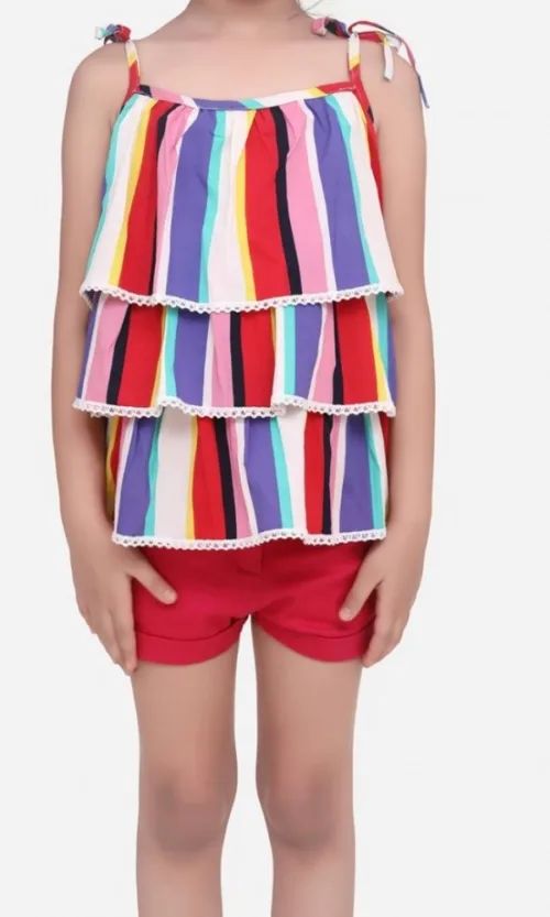 Girl's Polyester Crepe Striped Tie Ups Shorts Set (Multicolor)