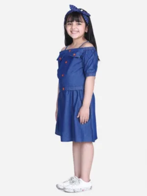 Girl's Denim Solid Cold Shoulder Top and Skirt Set (Navy Blue)