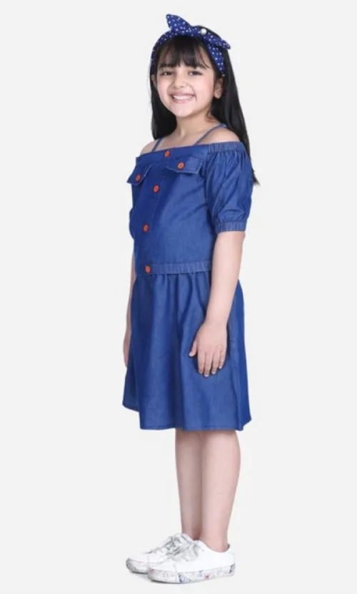 Girl's Denim Solid Cold Shoulder Top and Skirt Set (Navy Blue)