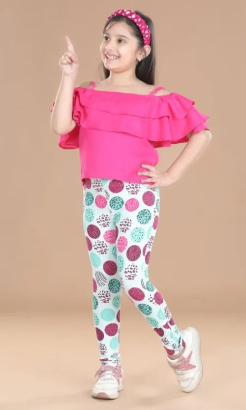 Girl's Cotton Floral Elasticated Jegging and Top (Pink)