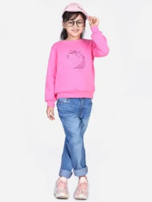 Girl's Fleece Embellished Long Sleeves Sweatshirt (Pink)