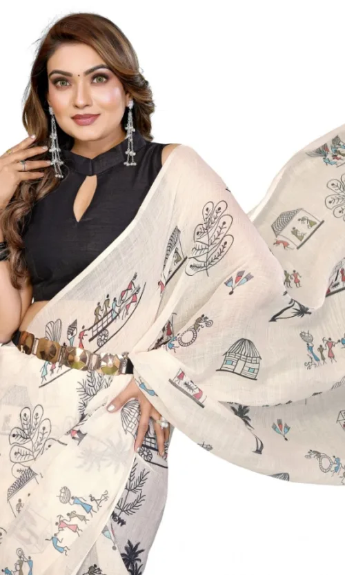 Women's Linen Cotton Printed Saree With Unstitched Blouse 5.5Mtr (Off White)