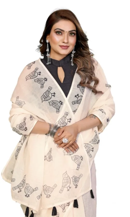 Women's Linen Cotton Printed Saree With Unstitched Blouse 5.5Mtr (Off White)