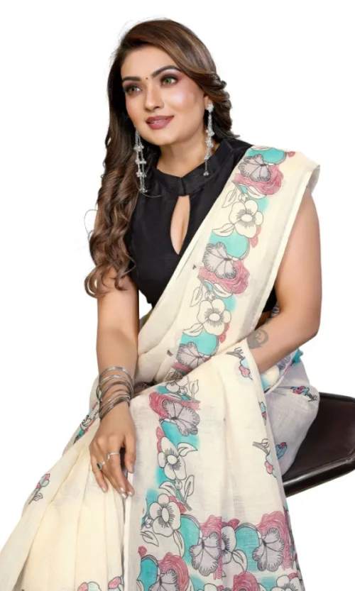 Women's Linen Cotton Printed Saree With Unstitched Blouse 5.5Mtr (Off White)